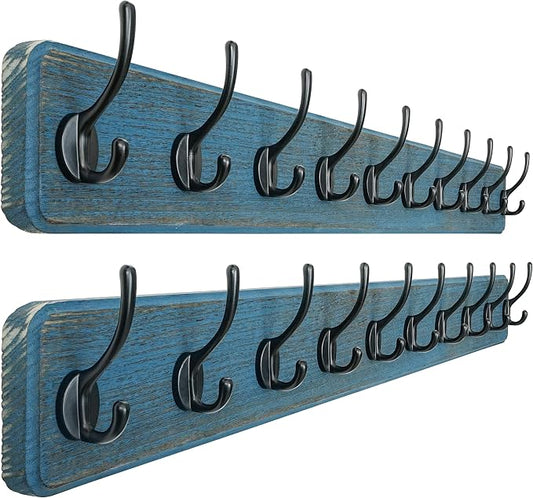 Coat Rack Wall: 38-1/4" Long, Patented, Heavy-Duty, 10-Double-Hooks Wooden Wall Mounted Coat Rack Coat Hanger Hook Rail for Winter Coats Hat Jacket Clothing, Weathered Blue, Pack of 2
