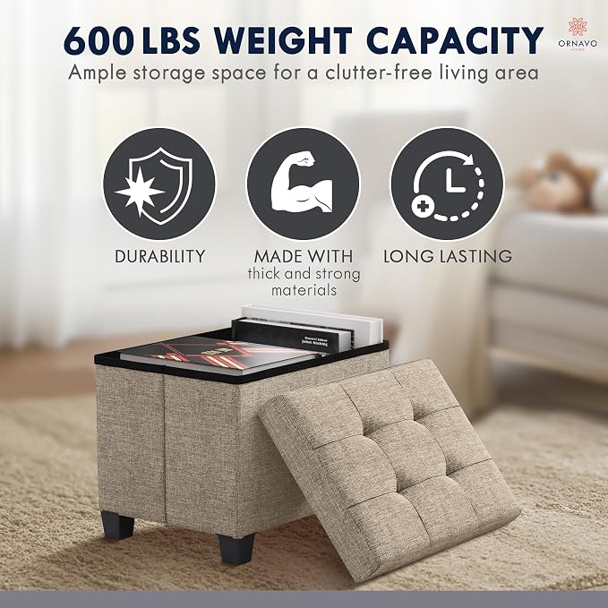 Ornavo Home Small Rectangle Storage Ottoman with Legs, 12x16x12, Tan/Taupe | Foot Rest Stool Seat; Holds Up to 600 lbs; Ideal for Living Room, Bedroom, Home Office or Dorm