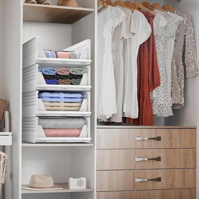 Sorbus 4 Pack Folding Closet Shelf Organizer for Clothes, Versatile Stackable Storage Baskets for Closet, Bathroom, Kitchen and Garage with Easy Access Open Front Design, Plastic Organizer Shelves