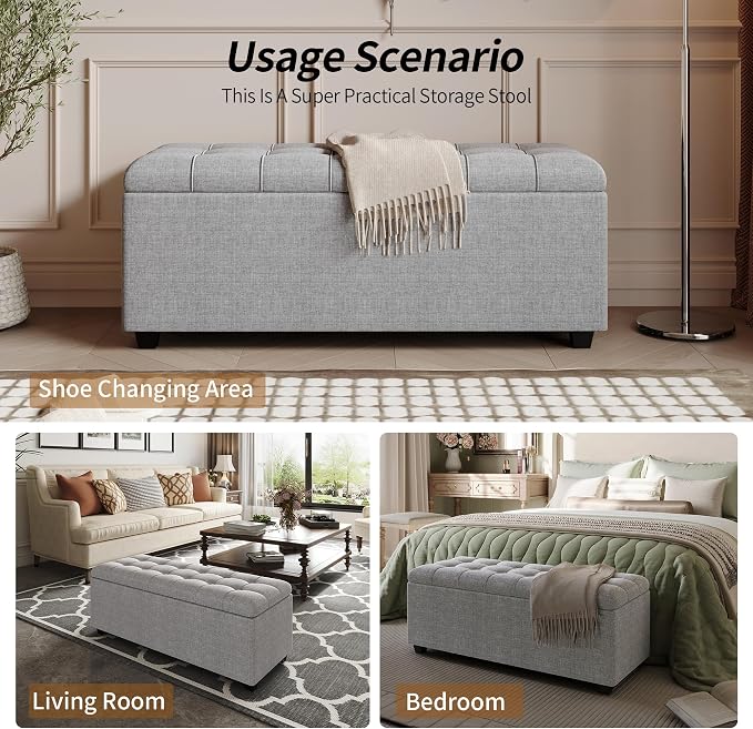 38" Grey Fabric Storage Ottoman Bench with Hinged Lid | Solid wood frame bench, 4-leg easy assembly. Use as end-of-bed, footrest, entryway seat. Hinged hidden storage, multi-use.