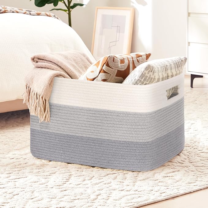 60L Woven Laundry Basket Hamper with Handles, Gradient Grey | collapsible wicker hamper, storage for dirty clothes, toys, blankets, gifts, living room, bedroom, bathroom, 21"x15"x11"