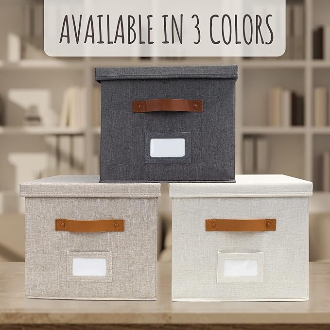 Decorative File Organizer Box Set of 2 - Collapsible Linen Filing Cabinets | Stores Documents and Hanging File Folders - Portable Office Crates with Lid and Handles for Easy Slide Access