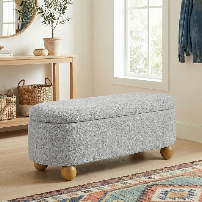 VKNOW 44.8" Storage Ottoman Bench End of Bed Bench for Bedroom, Grey | Cute Spherical Solid Wood Stool Legs, Comfortable Fabric, No Assembly, Bedroom Living Room Entryway Dressing Areas