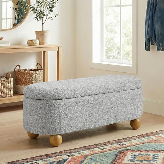 VKNOW 44.8" Storage Ottoman Bench End of Bed Bench for Bedroom, Grey | Cute Spherical Solid Wood Stool Legs, Comfortable Fabric, No Assembly, Bedroom Living Room Entryway Dressing Areas