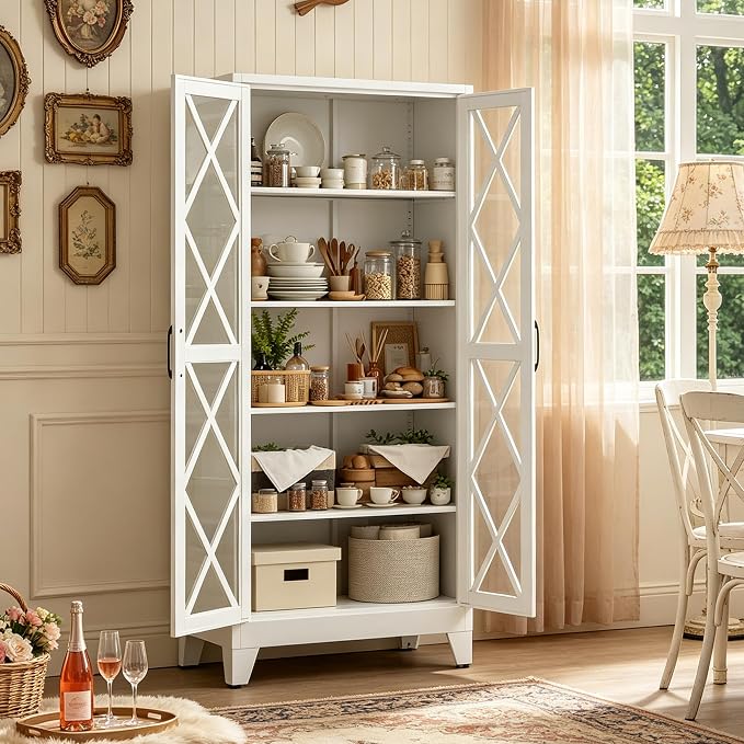 71"H White Pantry Kitchen Cabinet with Doors,Black Storage Cabinets,Freestanding Pantry Cabinet,Farmhouse Food Storage Cabinets,Tall and Large Pantry Cabinets for Kitchen, Dining Room, Living Room