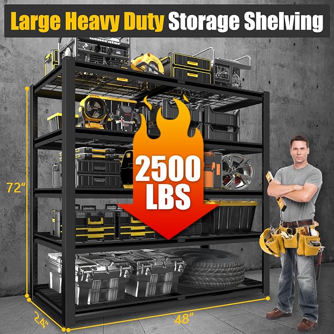 PrimeZone 72" H Heavy Duty Garage Shelving 2500 LBS 5 Tier Heavy Duty | Storage Shelves Adjustable Industrial Metal Wire Shelf for Garage,Basement,Pantry,Warehouse,Commercial,48" W X 24" D X 72" H