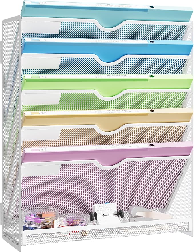 Hanging Wall File Organizer 6-Tier Wall Mount Mail Organizer | Desk Paper Organizer, Sleek White Metal File Folder Holder for Office, Cubicle, Bedroom | All-in-One Document Storage Shelf