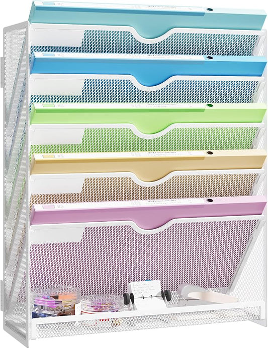 Hanging Wall File Organizer 6-Tier Wall Mount Mail Organizer | Desk Paper Organizer, Sleek White Metal File Folder Holder for Office, Cubicle, Bedroom | All-in-One Document Storage Shelf
