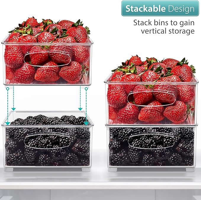 Sorbus Stackable Refrigerator Organizer Bins - Clear Storage Bins for Kitchen Pantry, Freezer & Fridge Organization - Food Organizing Plastic Containers with Handles for Countertops & Drawers (4 Pack)