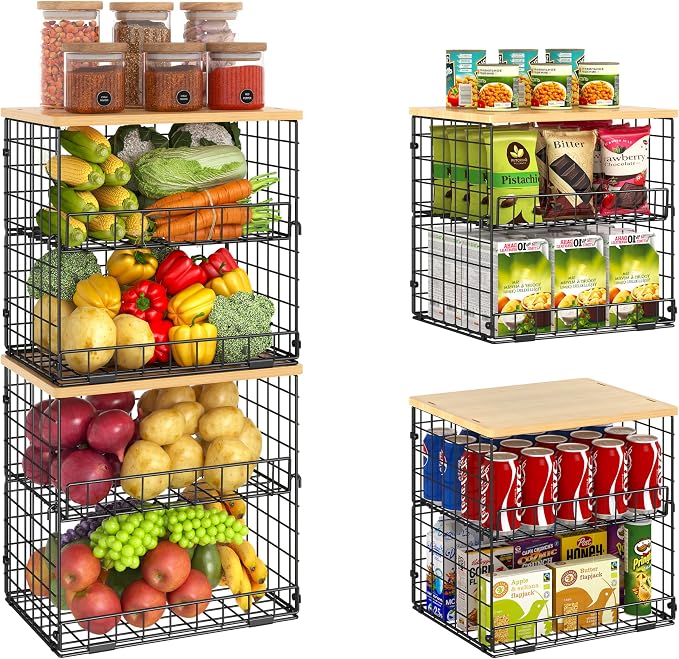 4 Pack Stackable Wire Baskets for Pantry Organizers and Storage, Pantry Baskets with Fixed Wooden Top, Fruit and Vegetable Storage Bins for Organizing Onion Potato Snack for Kitchen Cabinet/Countertop