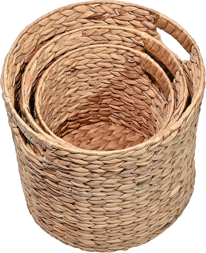 happimess Avery 3-Piece Cylinder Nesting Baskets 13", Natural | Hyacinth, Bohemian Cottage Style, Handwoven Wicker, Iron Metal Frame, Decorative Storage For Toys And Books, Built In Handles