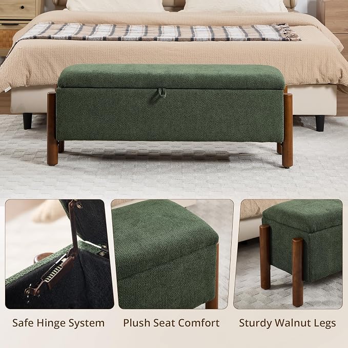 55'' Modern Storage Ottoman Benches | with Walnut Wood Legs 26 Gallons Storage Space Fabric Upholstered Seating End of Bed for Bedroom Livingroom Green