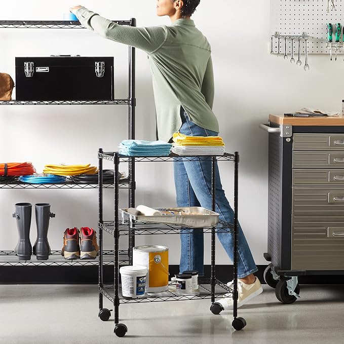 Amazon Basics 3-Shelf Adjustable Heavy Duty Storage Shelving Unit on 2" Wheels, Metal Wire Rack for Garage, Utility Shelving with Leveling Feet, 23.2"L x 13.4"W x 32.75"H, Black