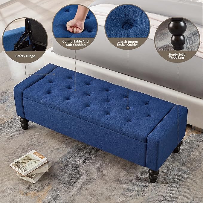 50" W Storage Ottoman Bench with Safety Hinge, Load up to 660 lb Ottoman with Storage, Upholstered Tufted Entryway Bench with Seating for Living Room, Bedroom, Entryway, Blue