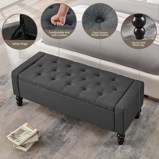 50" W Storage Ottoman Bench with Safety Hinge, Load up to 660 lb Ottoman with Storage, Upholstered Tufted Entryway Bench with Seating for Living Room, Bedroom, Entryway, Dark Gray