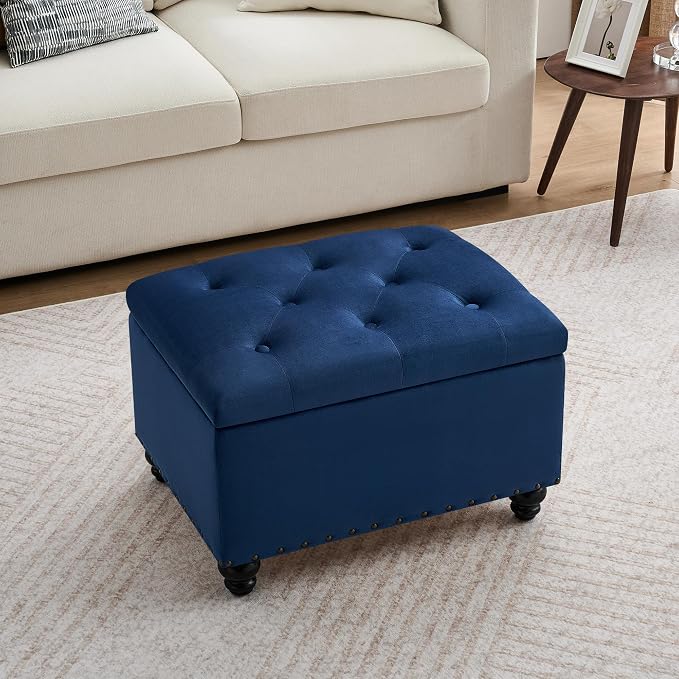 Zihanhome Velvet Storage Ottoman Bench, Button Tufted Ottoman with Hidden Storage, Upholstered Foot Rest Stool with Solid Wood Legs for Living Room, Bedroom, Entryway & Small Spaces (Sapphire Blue)