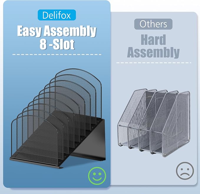 Delifox Inclined Desk File Organizer, 8-Section, Black | Upright Desk File Holder, Standing File Sorter, For Office School Classroom Desktop Organization