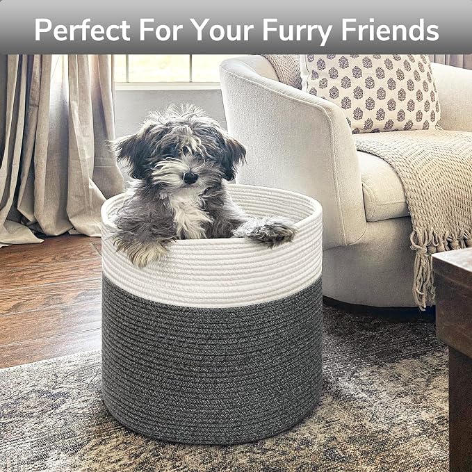 Goodpick Woven Blanket Basket Living Room, Toy Bin for Playroom, 45L | 15.8 x 15.8 x 13.8 In Toy Storage Basket for Nursery, Blanket Basket for Living room, Laundry Basket, Gray