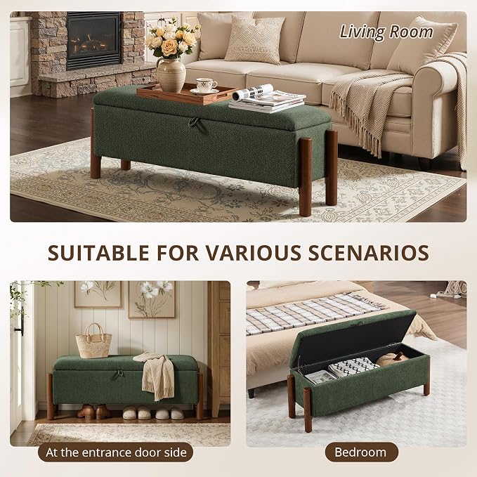 47'' Modern Storage Ottoman Benches with Walnut Wood Legs Ottoman Bench with 22 Gallons Storage Space Fabric Upholstered Seating End of Bed Bench for Bedroom for Livingroom Green
