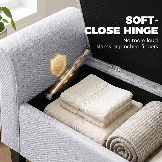 HOMCOM 47" Ottoman wih Storage End of Bed Bench with Rolled Arms Light Gray | Storage Chest, Safety Hinge, Wooden Legs, Upholstered End of Bed Bench, 528 lbs, Bedroom Entryway Living Room