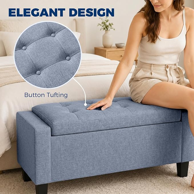 HOMCOM 36.6" Tufted Fabric Rectangular Storage Ottoman Bench Dark Gray | With Armrests, Wooden Legs, Holds up to 528 lbs, for Entryway Living Room Bedroom