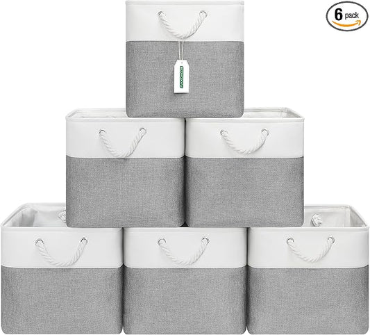 ECDYQXVU 13x13x13 Inch Storage Cube Bins Foldable Organizer Baskets 6 Pack | Soft Cotton Handles, Premium EVA Fabric, Hard Cardboard Bottom, Sturdy Metal Rim, Closet Shelf, Living Room, Bedroom, Laundry