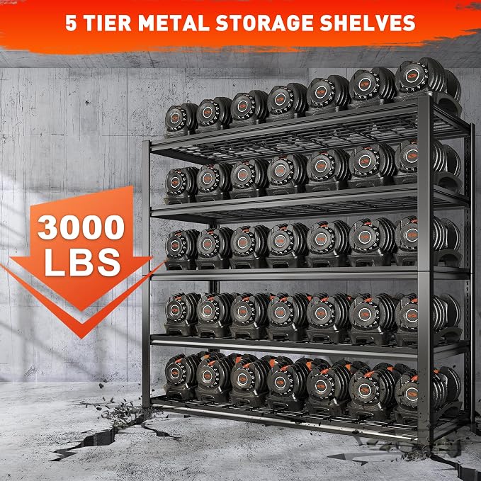 REIBII 48.2''W Garage Shelving Heavy Duty Metal Shelving 3000LBS Storage Shelves Adjustable Metal Shelves Industrial 5 Tier Garage Shelf for Basement Pantry Warehouse Supermarket, 3 Pack