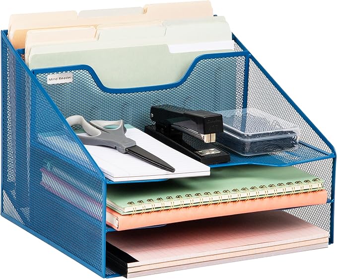 Mind Reader Metal Mesh Desktop File Organizer, 3-Tier Paper Tray with 5 Compartments, Office Mail Sorter, Turquoise