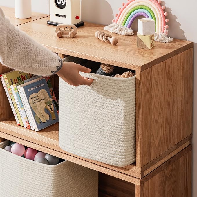 joybest 13inch Cube Storage Bins, Cotton Rope Woven Organizer Basket | Set of 4 Cube Bin Square Shelves Organizer Closet Storage, Nursery, Toy Organization, Beige