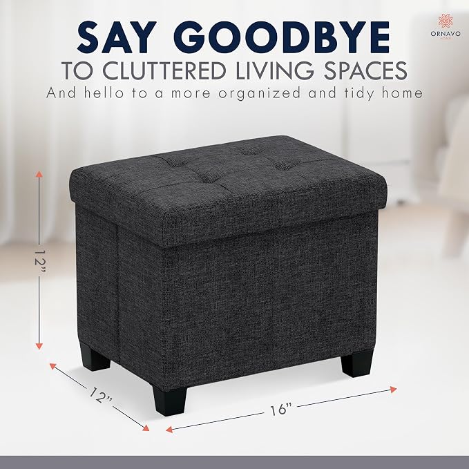 Ornavo Home Small Rectangle Storage Ottoman with Legs, 12x16x12, Black | Foot Rest Stool Seat; Holds Up to 600 lbs; Ideal for Living Room, Bedroom, Home Office or Dorm