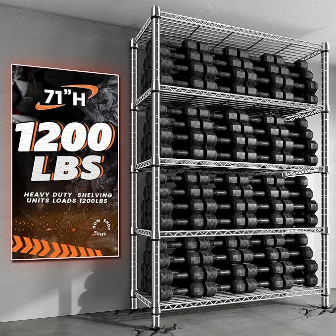 REIBII 5-Tier 1200LBS Metal Shelving, 71" H Adjustable Storage Shelf,Chrome | 19.1mm diameter rods, 240 lbs/shelf, adjustable shelf with leveling feet, tool-free setup,fits kitchen/bathroom