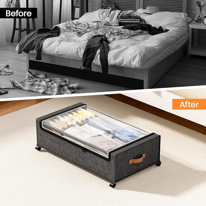 Yecaye 82 L Under Bed Storage with Wheels, 9.4 in Under Bed Storage Containers, Large Under Bed Shoe Storage with Lids, Rolling Underbed Storage bins for Clothes, Blankets, Grey