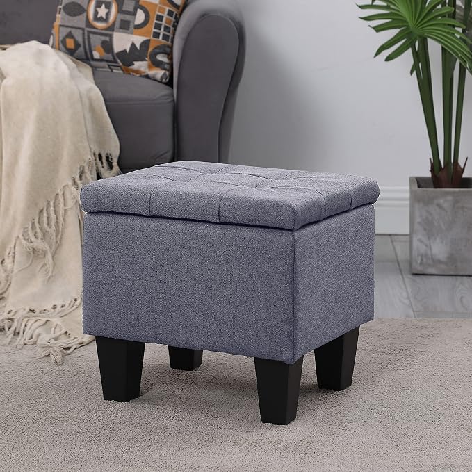38'' Hinged Storage Ottoman w/Small Foot Stools, Set of 3, Grey | No Tools Assembly, Classical Tufted Cushion Top, Soft Linen Fabric, Large Store Capacity, for Entryway, Window, End of Bed