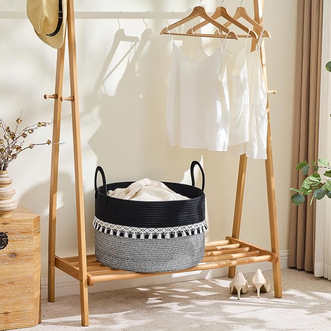 KAKAMAY Large Blanket Basket with Handles, Storage Basket for Living Room | Extra Large Capacity | Natural Cotton Rope | Blanket Storage | Woven Storage Basket | Stuffed Animal Storage | Laundry Basket