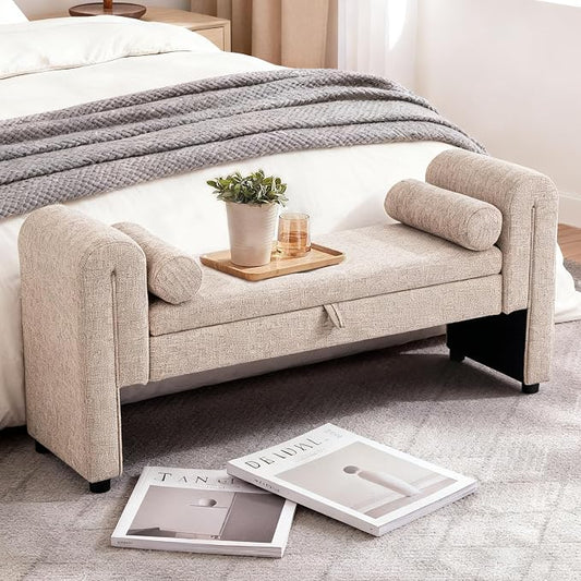 65" Velvet Button Tufted Storage Ottoman Bench Wood Legs Bedroom (Oatmeal)