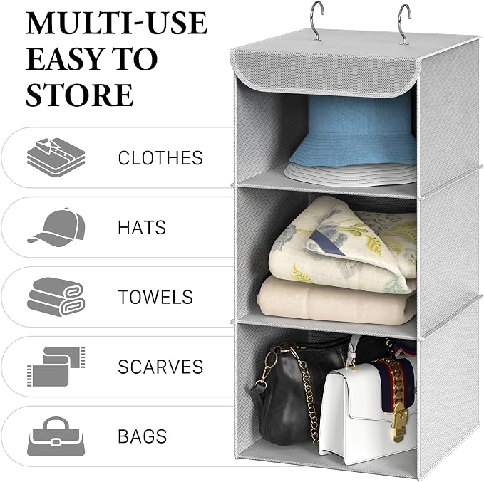 Simple Houseware 3 Shelf Hanging Closet Organizer, Gray | 360° Rotating Dual Hooks, Top Support Metal Frame