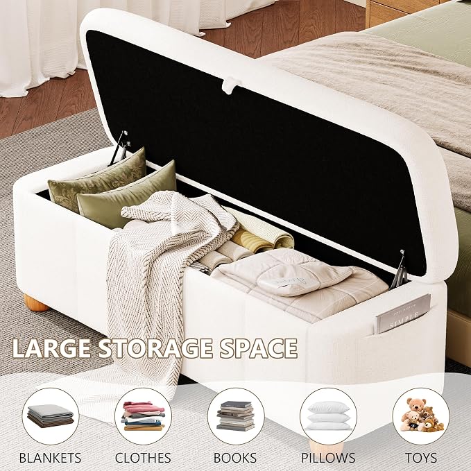 Einhomn 47.4" Ottoman with Storage, End of Bed Bench with Soft Upholstered Seat, Storage Ottoman Bench with Side Pocket, Solid Wood Legs, Entryway Bench for Bedroom, Living Room, Window