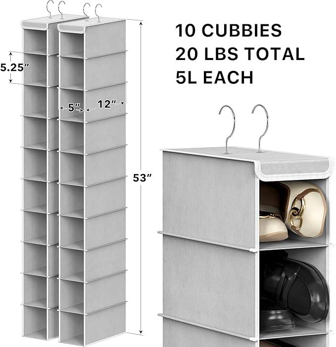 Simple Houseware 2 Pack 10 Shelves Hanging Shoe Organizer, Gray | Dual Metal Hooks, Holds Up to 20 lbs, for Narrow Space