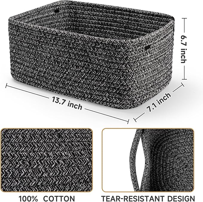 3-Pack Storage Baskets for Organizing | Woven Shelf Toy Basket | Rope Baskets for Gifts Empty | Closet Organizer Bins with Handles | Cube Decorative Box | 13.7×7.1×6.7” | Mixed Black