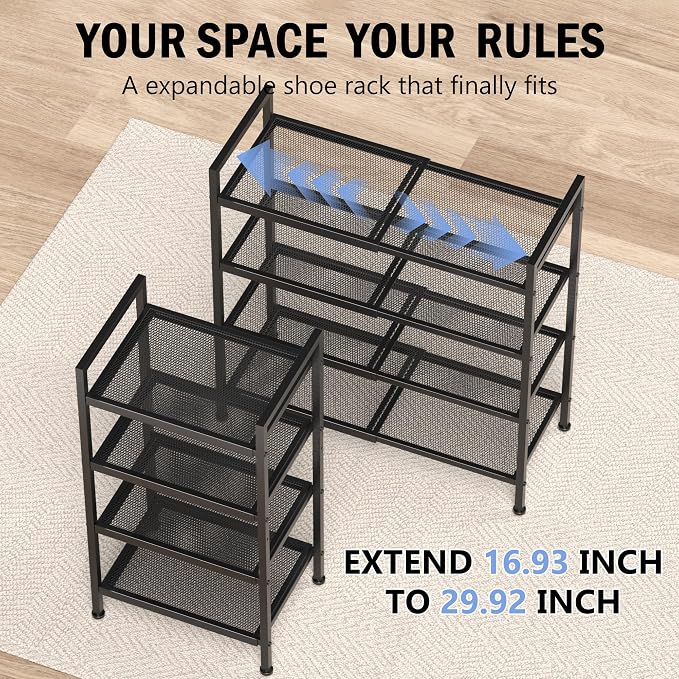 4 Tier Shoe Rack, Expandable Shoe Rack for Closet, Adjustable Shoe Organizer for Entryway, Shoe Storage Organizer for Door Entrance, Garage, Bedroom