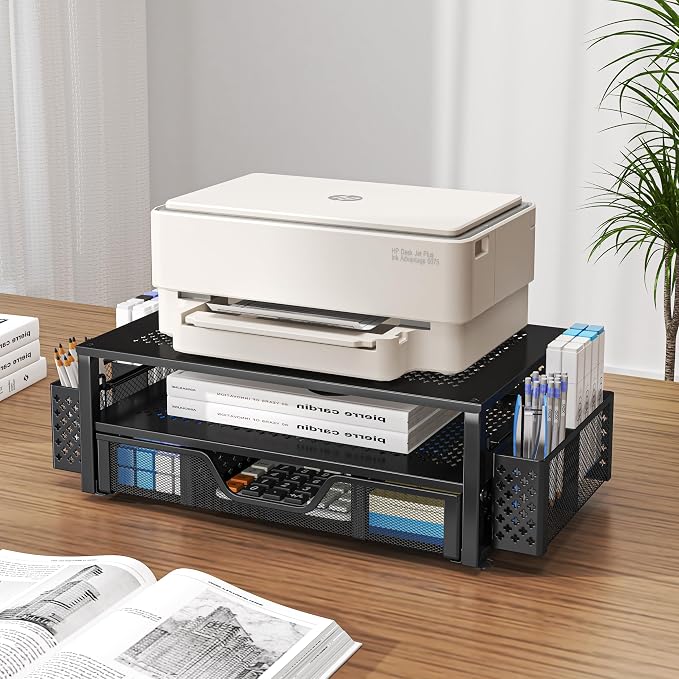 Simple Trending 2-Tier Metal Monitor Stand with Drawer & Pen Holder, Black | 20"W x 10"D x 5.8"H. Metal mesh cooling prevents overheating. 2-tier + drawer + pen holders. Non-slip. Fits laptop & monitor.