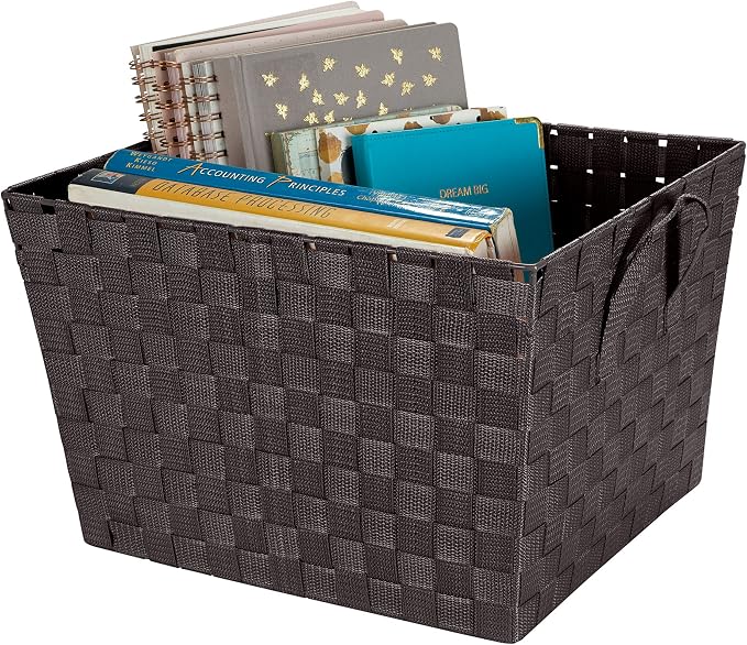 Simplify Large Woven Strap Tote | Decorative Storage Basket | 2 Handles | Organization | Closet | Bedroom | Bathroom | Nursery | Accessories | Toys | Gifts | 2 Pack | Chocolate