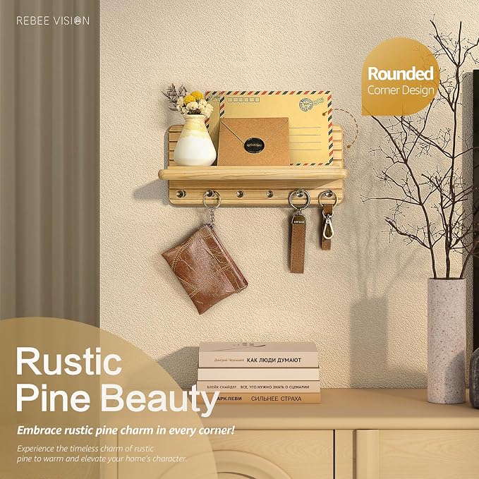 Rebee Vision Key Holder Wall Mount with Shelf for Entryway, Natural Wood | Pine Wood, 6 Sturdy Hooks, Key Holder for Wall, Chic Functional Storage, Decorative Home Accent, Space-Saving Design