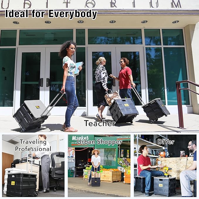 dbest products Quik Cart Collapsible Rolling Crate on Wheels for Teachers Tote Basket 80 lbs Capacity, Made from Heavy Duty Plastic and Used as a Seat, Grey | with Wheels, Roll Up to 80 lbs Capacity, Heavy Duty Plastic Construction, Telescoping Handle,...