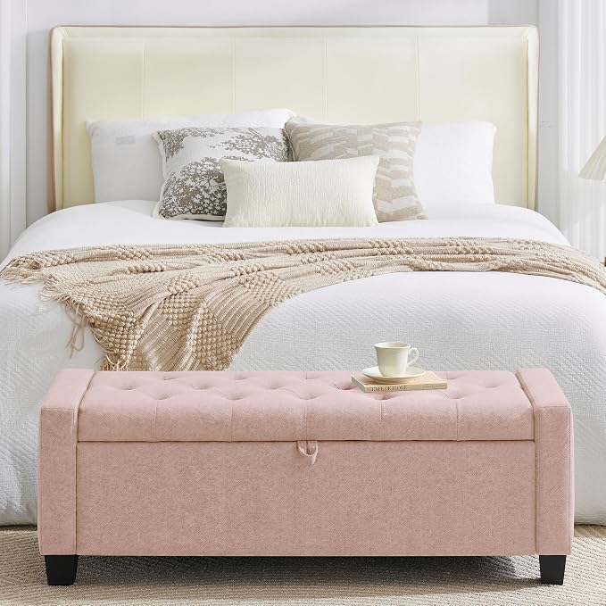 Huatean Home 43" Ottoman with Storage, Pink Storage Ottoman Bench | Upholstered Entryway Bench with Seating for Bedroom, Living Room with Safety Hinge, Holds up to 330 lb