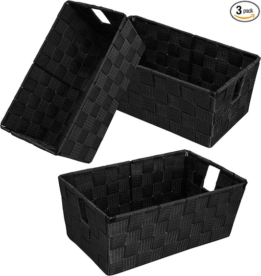 Woven Black Storage Baskets Shelf Tote Boxes Container, Durable Storage Organizer Bins with Built-in Handles for Bedroom, Office, Closet, Kids Room, Nursery, 3-Pack,11.4”x 6.5”x 4.5”