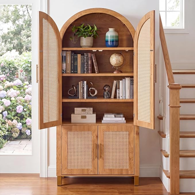 Merax 71" Arched Bookcase,Tall Pantry Storage Cabinet with Shelf Doors | Farmhouse Bookshelf with Rattan Doors Built-in Racks for Home Office,Kitchen,Dining Room,Oak