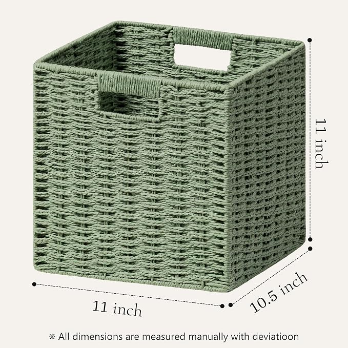 UBBCARE 3 Pack Wicker Basket, 11L×11H×10.5W inch Woven Paper Rope Storage Baskets for Shelves, Foldable Cube Storage bin with Handle, Storage Basket for Organizing & Decor, Green