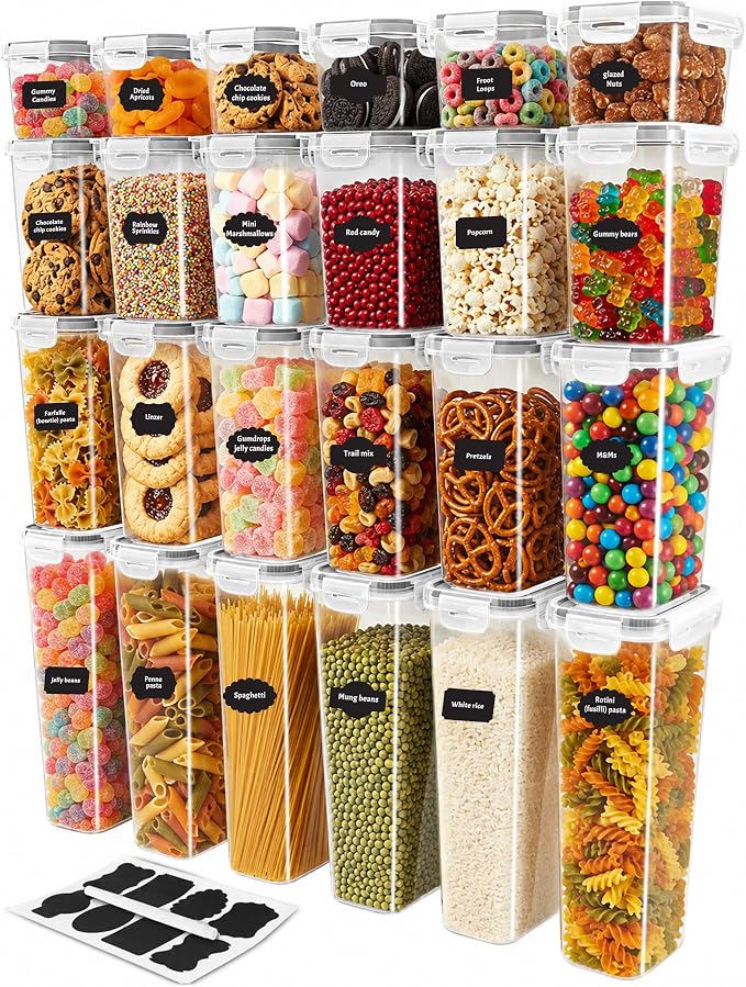 KICHLY Plastic Airtight Food Storage Containers Sets with Lids, 24 Pack | BPA-Free Kitchen Pantry Organizers and Storage for Cereal, Flour, Sugar & Dry Food