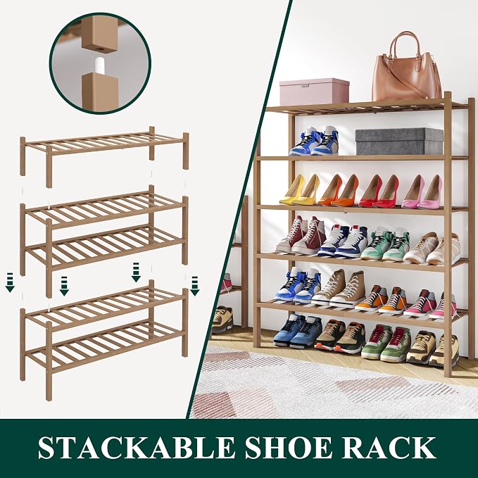 Smiry Bamboo Shoe Rack, 14 Vertical Slats, 6 Tier - 26.8" Wide, Walnut | Stackable Free Standing Wooden Shoe Organizer, Wood Shoe Storage Shelf for Closet, Entryway, Thicher Leg